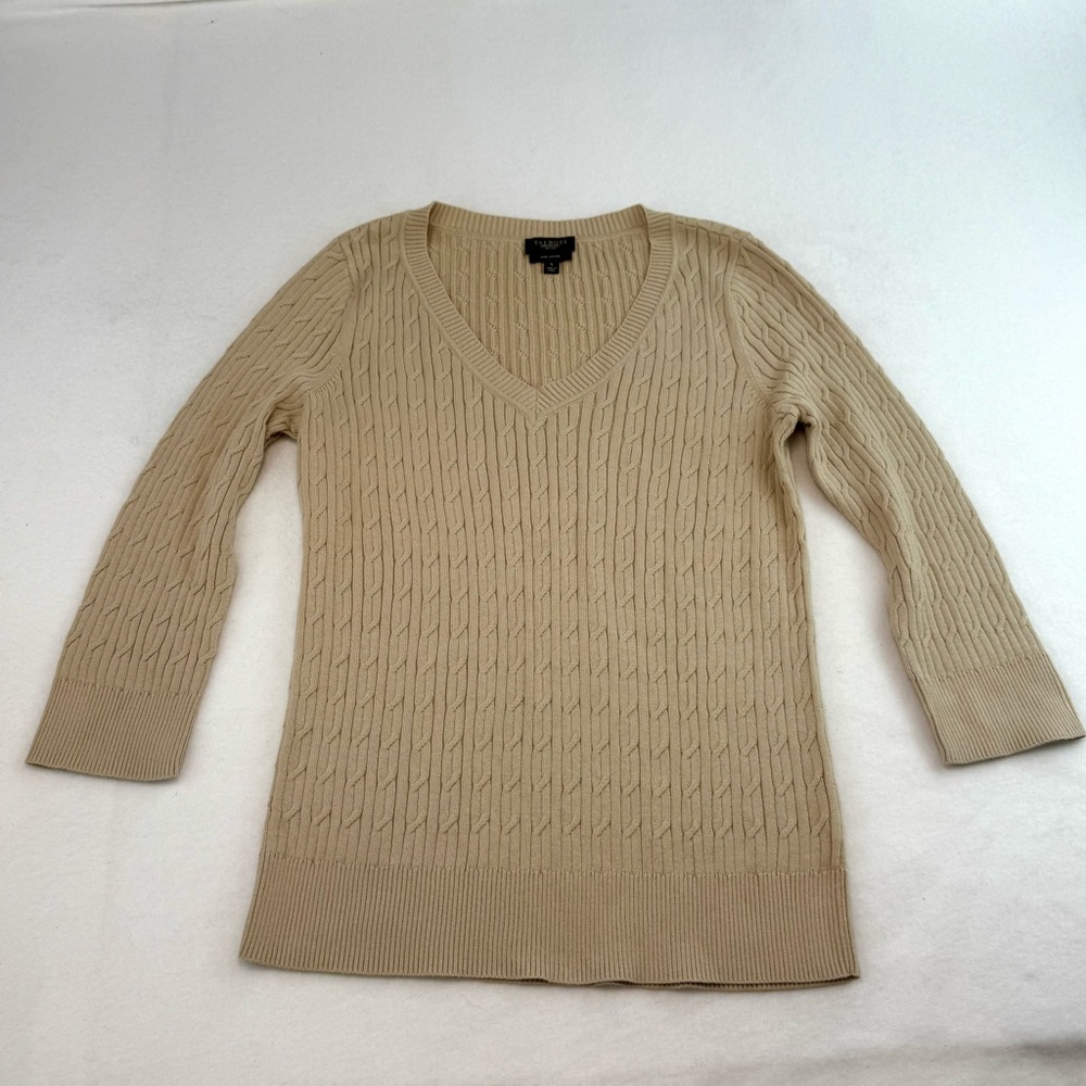 Talbots V-Neck Tan Cable Knit Sweater Size Small Petite
